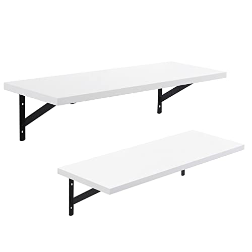 SONGMICS Floating Shelves Set of 2 Wall Shelves, 60 x 21 x 14 cm, Wooden Shelves with High Gloss Finish, Max. Load Capacity 15kg, White LWS02WB