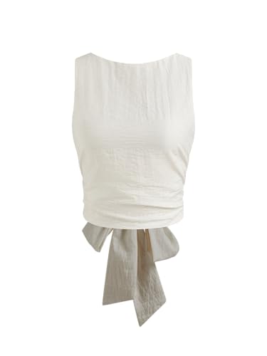 CIDER Shirts for Women Linen Blend Boat Neck Knotted Backless Sleeveless Summer Crop Tank Top Blouse