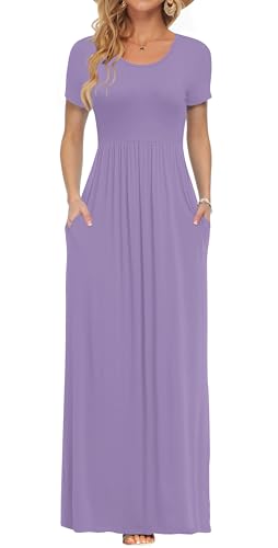 AUSELILY Femmes Maxi Robe Madame Manches Courtes été Casual Longue Robe avec Poches Lilas m