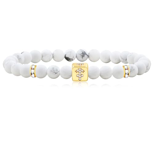 Image of Inlaid Zircon 12 Constellation Adjustable Stretch Bracelet - 6mm Frosted White Turquoise Beaded Bracelets for Women Men SJYA4647