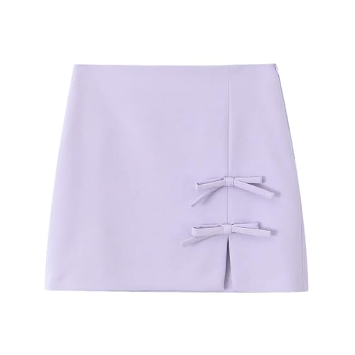 Solid Color Bow Front Slit Side Zipper Mini Skirt Vintage High Waist Women's Short Skirt