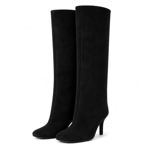 Image of DOBOYG Knee High Suede Boots for Women Wide Calf Square Toe Tall Boots | Stiletto High Heels Pull On Fashion Long Booties