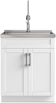 SIMPLIHOME Hennessy All-in-One 28 inch Wide Utility Sink and Laundry Cabinet in Pure White Finish, Transitional Stainless Steel Sink Cabinet for Laundry Rooms with High-Arch Chrome Faucet and Storage