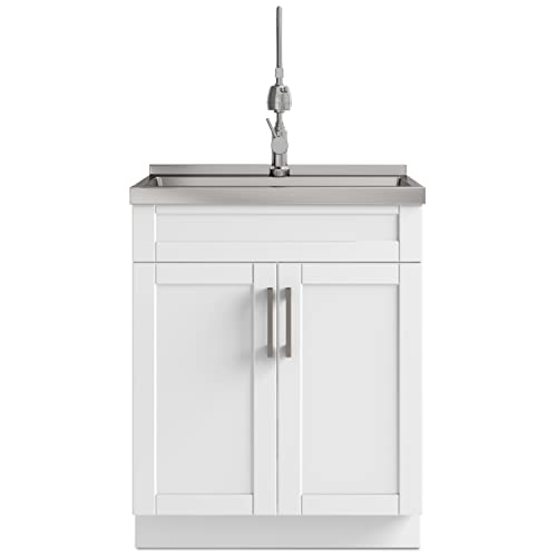 SIMPLIHOME Hennessy All-in-One 28 inch Wide Utility Sink and Laundry Cabinet in Pure White Finish, Transitional Stainless Steel Sink Cabinet for Laundry Rooms with High-Arch Chrome Faucet and Storage