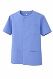 Casaca Sanitaria Hombre Cuello Redondo Manga Corta con Seis Botones al Tono Tres Bolsillos Chaqueta Pijama Uniforme Medico Dentista Enfermero Limpieza Estetica Hosteleria – 832 (Azul Celeste -4, L)