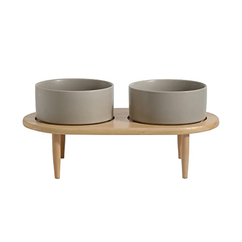 Havniva Raised Dog Bowl Non-Slip Ceramics Dog Bowl Adjustable Height Dog Bowl Dog Food Bowl Dog Dish Cat Water Bowl Protect Cervical Spine (6in Double Bowl + Stand, Grey)