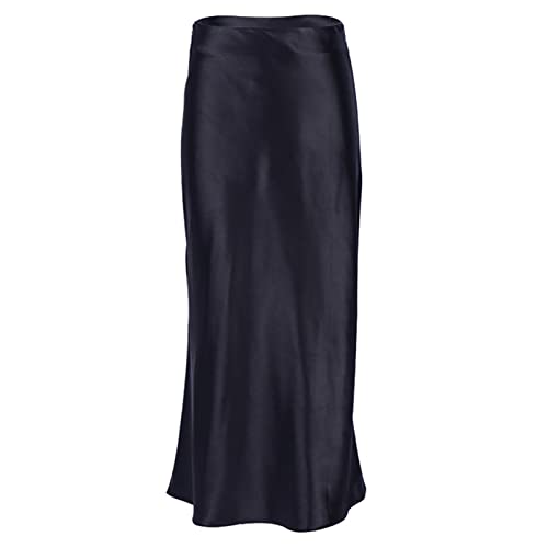 MAOAEAD Jupe longue élégante en satin de soie de couleur unie pour femmes, taille haute, jupe longue charmante pour femmes, jupe trapèze pour le bureau, les fêtes (noir, S)