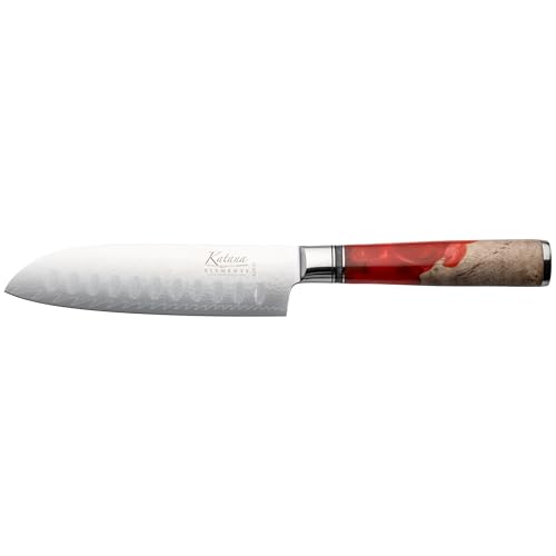 Katana Saya Elements 12cm Santoku Knife, Volcanic Red - High Carbon VG-10 Damascus Steel for Extreme Toughness & Sharpness – Natural Olivewood & Resin Handle Katana Saya Elements 12cm Santoku Knife, Volcanic Red - High Carbon VG-10 Damascus Steel for Extreme Toughness & Sharpness – Natural Olivewood & Resin Handle