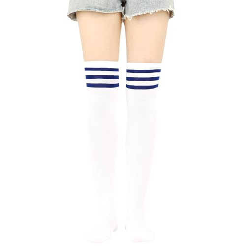 Uttpll Women-Thigh-Socks-Striped-Colorful-Stockings Athletic Outdoor Compression Long Boot Sock Running Casual Knee High Tightsl White Blue One Size thumb #1