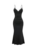 GORGLITTER Women's Lace Ruched Spaghetti Straps Bodycon Maxi Dresses Cocktail Party Pencil Long Dress Evening Gowns Black XL