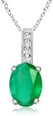 Angara Natural Oval Emerald Solitaire Pendant with Diamond Bale in Silver / 14K Solid Gold/Platinum With 18" Chain | May Birthstone, Birthday, Engagement, Anniversary, Wedding Jewelry Gift for Women