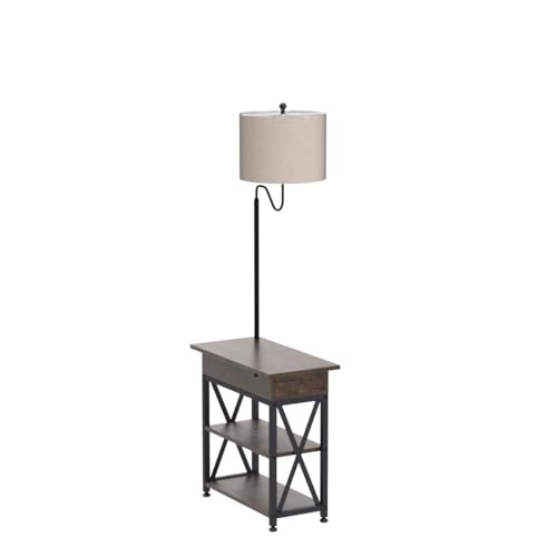 Image of Dungoo Rustic Floor Lamp with Table Storage End Table with Charging Station