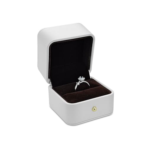 WisePoint Caja Anillo, Porta Alianzas Boda de Cuero PU Cepillado, Elegante y Lujosa Organizador Anillos para Propuestas de Matrimonio, Compromisos, Bodas (Blanco)