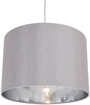 Pair of Modern Grey Faux Silk Ceiling Light Pendant Shade Metallic Silver Chrome