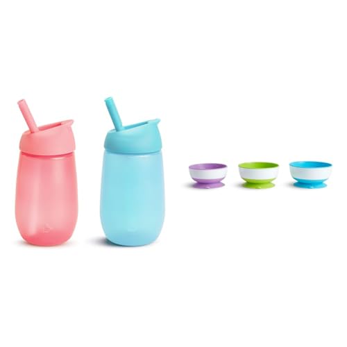 Image of Munchkin® Simple Clean™ Toddler Sippy Cup with Easy Clean Straw, 10 Ounce, 2 Pack, Pink/Blue & Stay Put™ Suction Bowls for Babies and Toddlers, 3 Pack, Blue/Green/Purple