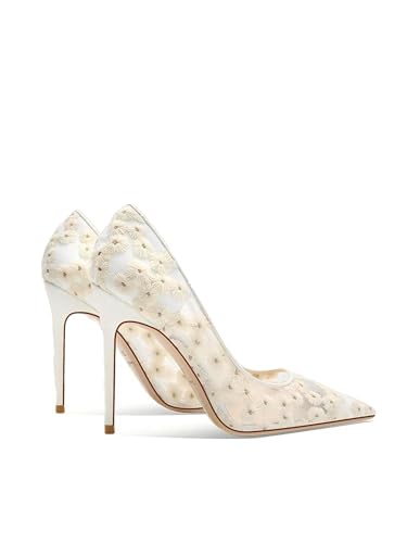MissHeel White Daisy Embroidered Wedding Heels Pointed Toe Pumps4