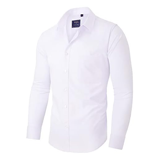 Alimens & Gentle Men's Dress Shirts Long Sleeve Wrinkle-Free Stretch Shirts Solid Formal Button Down Shirt with Pocket White