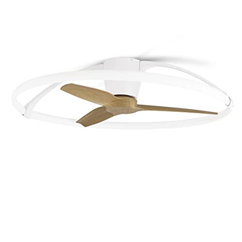 Mantra Iluminación. Modelo NEPAL. Ventilador y plafón de techo de 105 cm de diámetro en color blanco y haya. Fuente de luz LED 75W 2700K-5000K 7200lm. Ventilador 35W