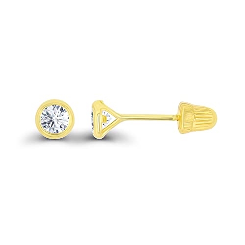 Solid 14K Yellow Gold 3mm Round Cut Cubic Zirconia Diamond Cut Bezel Screw Back Stud Earrings, 3mm