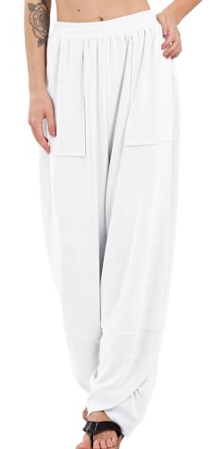 utcoco Womens Elastic High Waisted Wide Leg Lounge Pants Patchwork Wrapped Bottom Casual Baggy Pants with Pockets