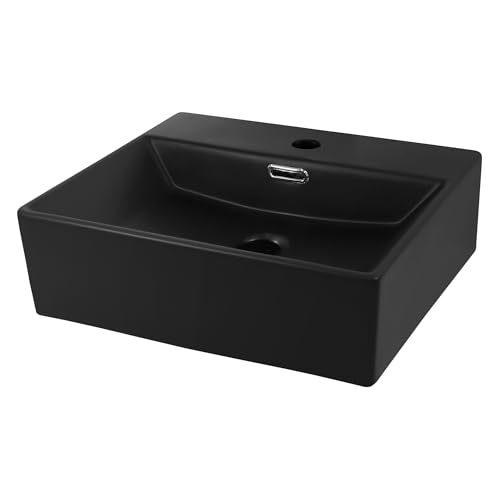 LuxeBath Lavabo en Céramique Noir Mat 415 x 360 x 130 mm, avec Trop-plein et Trou de Robinetterie, Design Moderne et Élégant, Vasque de Salle de Bain/WC à Poser ou...