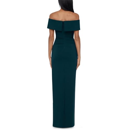 Image of Xscape Women's Off Shoulder Straight Neck Evening Gown with Foldover Cuff, Side Ruffle, Leg Slit, Fitted Formal Dress
