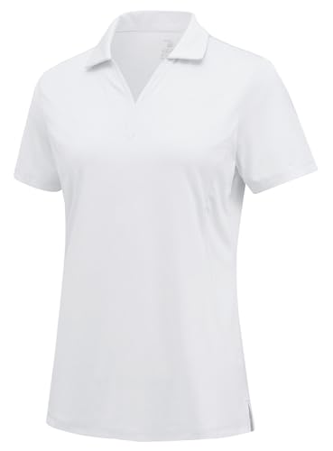 Rdruko Women's Golf Polo Shirts Dry Fit Collared Tennis Casual Work Shirts V Neck Moisture Wicking Short Sleeve, White, L