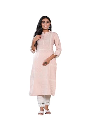 Image of Juniper Women's Peach Rayon Printed Straight Kurta