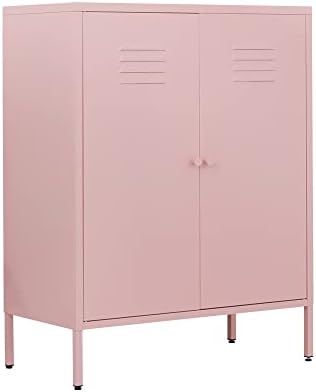 WISUNO Metal Accent Storage Cabinet for Bed Room,Living Room,Home,Hotel,Office,Garage,3-Tier,2 Removable Shelves (2 Metal Door H39.96'', Pink)