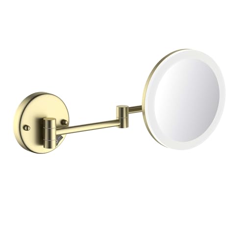 KIBI LED Wall Mount Makeup Mirror, 5X Magnification, One-Sided, Circular Lighted Mirror with Adjustable Arm | Magnifying Vanity Mirror with Light for Bathroom or Bedroom (Brushed Gold, KMM102)
