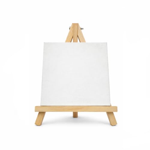 Image of 10 inch Inch Wooden Easel Stand with 6 inch Canvas - Premium Pine Wood Build | Smooth Rounded Top Finish | Rust-Free Brass Hinges | Tabletop Display for Canvas, Photos & Cards (1)