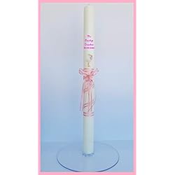 VELA PARA BAUTIZO DE CERA BLANCA. MEDIDA 3 x 40CM DECORADA CON LAZO, CHUPETE Y CIGÜEÑA ADHESIVA (ROSA PERSONALIZADA)