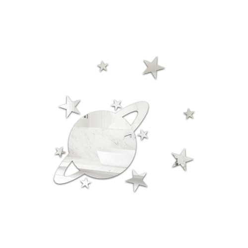 Bianriche Adesivo da parete a specchio in acrilico, rimovibile, motivo: pianeta, stelle, decorazione per casa, camera da letto, soggiorno, bagno, colore: argento