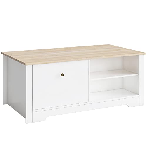 HOCSOK Table Basse avec étagère et 2 tiroirs, Table de Salon avec Fonction de Rangement 110 x 56 x 45 cm Cover