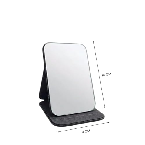 Image of Foldable Makeup Mirror with Adjustable Stand, Portable HD Vanity Mirror for Travel & Dressing Table, PU Leather Crocodile Pattern Compact Cosmetic Mirror for Women & Girls(16x11cm) (Black)