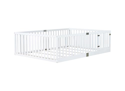 Image of Bellemave Full Size Kids Montessori Floor Bed Frame with Door and Slats,Solid Wood Floor Bed Frame with Slats and High Fence for Kids,Girls,Boys,White