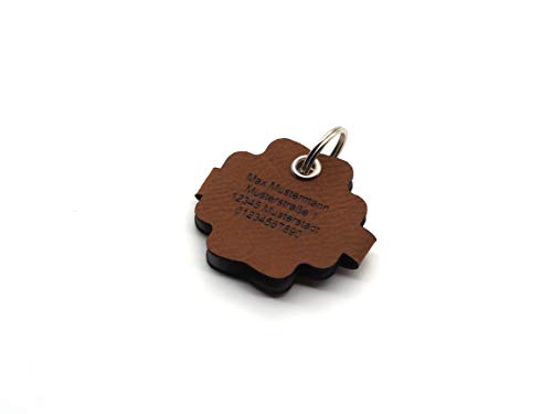 Hundemarkentasche Anhänger mit Druckknopf Gravur Braun Hundemarke | Blume - Blumenform | gefertigt aus Kunstleder | beidseitig graviert