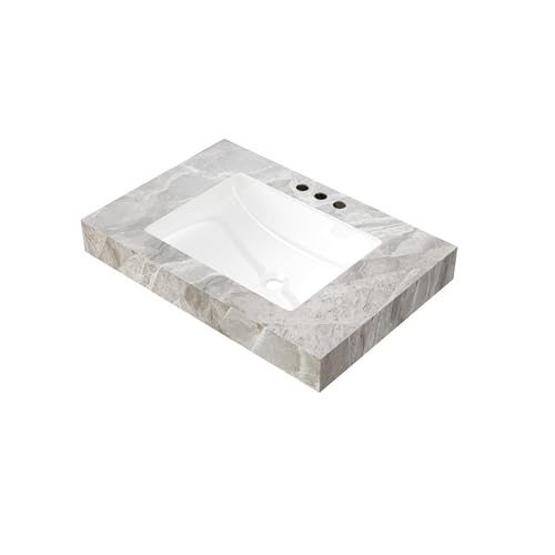 30 Inch Bathroom Countertop with Sink, MURI Light Gray Sintered Stone, Undermount Ceramic Basin, 3 Pre-Drilled Faucet Holes (No Cabinet/No Faucet)
