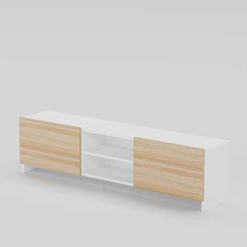 Image of Modern Living Room TV Stand with Open Display Compartment, Dual Side Storage Units, and Clean Contemporary Design for Home Decor | Assembly-DIY | Color-White & Asian Light
