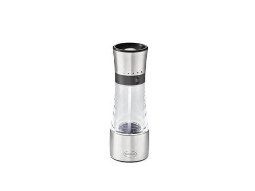 RÖSLE Gewürzmühle, Hochwertige Salz-/Pfeffermühle mit verstellbaren Mahlstufen für trockene Gewürze, einfaches Nachfüllen, Edelstahl 18/10, Silberfarben, Schwarz, Transparent
