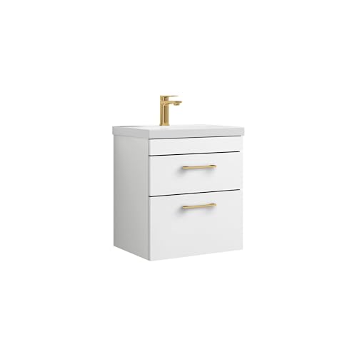 Image of Balterley Vanity Unit with Basin Wall Hung, 2 Drawer Soft Close with Mid Edge Sink and Handles, Bathroom Vanity Units with Basin, Bathroom Sink Storage Cabinet - 500 x 390 x 578mm (White)