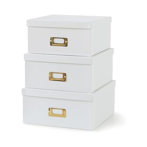 Soul & Lane White Kraft Paper Boxes for Storage - Set of 3 Square Stacking Boxes with Lids and Gold Label Holders, Decorative Photo Storage Boxes, Nesting Cardboard Boxes for Decor and Organizing Cover