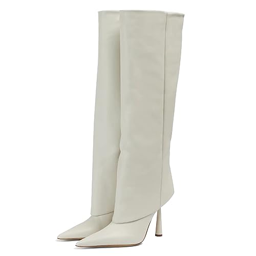 Vertundy Women's Fold Over Boots - Pointed Toe Stiletto Heel Slip On Knee High Boot Fashion Sexy Dress Boot Size 7