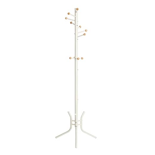 SONGMICS Perchero de pie, Perchero para abrigos, Acero, con 11 Ganchos con bola de madera, para Ropa, Sombrero, Bolsa, 53,5 x 53,5 x 173 cm cm, Blanco RCR028W01
