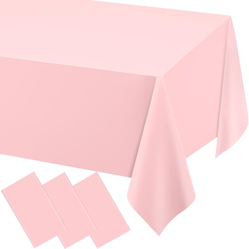 Image of WNINK 3 Pack Light Pink Tablecloths, Pink Disposable Plastic Waterproof Table Cover, 54 inch x 108 inch, for Birthday, Baby Shower,Wedding, Bridal Shower, Picnic Camping Parties