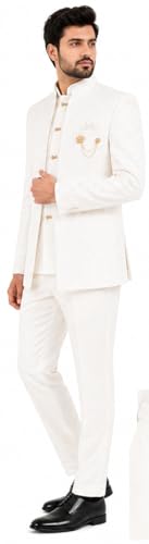 Image of Devansh Collection Men's White Achkan Sherwani Set | Dupion Silk Fabric | Mandarin Collar | Wedding, Reception & Ethnic Outfit