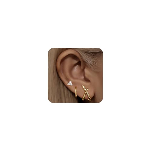 Turandoss Gold Hypoallergenic Earrings for Women Trendy - 3 Pairs Gold Plated Dainty Cubic Zirconia Huggie Stud Hoop Earrings Simple, Cartilage Earring Stacks Set for Women Jewelry Gifts
