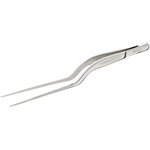 Mercer Culinary 18-8 Stainless Steel Chef Plating Tongs, Offset Tip, 6-1/2 Inch Cover