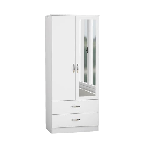 Nera 2 Door Wardrobe with Drawers and Hanging Rail Slim Wardrobes for Small Bedrooms Storage (With Mirror Matt White)