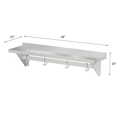 Image of Koolmore Commercial Wall Mounted Pot Rack Organizer Shelf with 4 Removable Storage Hooks for Pots and Pans, Utensils, Kitchen Cooking Accessories, Stainless-Steel Holder (WMPS-1248), 12'' X 48''